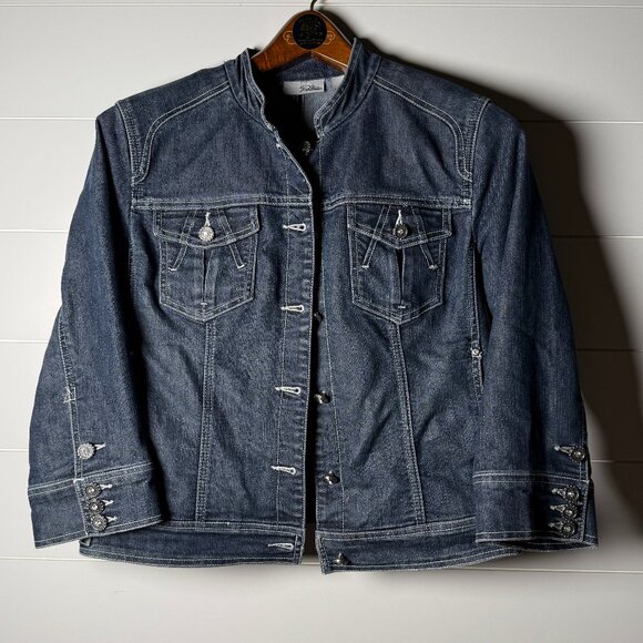 Chicos Platinum Jean Jacket SZ 1 Sparkly Accents Buttons - Picture 1 of 9